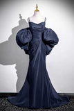 Line V Neck Satin Puff Sleeves Sweep Train Dark Blue Prom Dress HZ0509