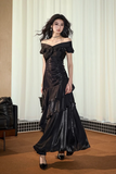 Line V Neck off Shoulder Silk Ruffles Black Prom Dress HZ0509