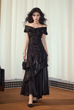 Line V Neck off Shoulder Silk Ruffles Black Prom Dress HZ0509