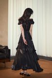 Line V Neck off Shoulder Silk Ruffles Black Prom Dress HZ0509
