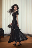 Line V Neck off Shoulder Silk Ruffles Black Prom Dress HZ0509