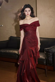 Line V Neck off Shoulder Silk Ruffles Black Prom Dress HZ0509