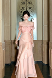 Sweetheart Ruffles Silk Pink Long Prom Dress, Pink Party Dress HZ0509