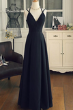 Line V Neck Black Long Prom Dresses with Corss Back, Formal Evening Graduation Dresses HZ0509