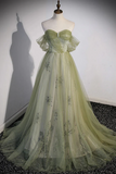 the Shoulder Light Green Beaded Long Prom Dresses, Formal Graduation Dresses HZ0509