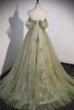the Shoulder Light Green Beaded Long Prom Dresses, Formal Graduation Dresses HZ0509