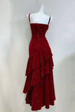 Velvet Ruffles Floor Length Burgundy Prom Dress, Party Dress HZ0509