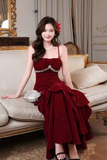 Velvet Ruffles Floor Length Burgundy Prom Dress, Party Dress HZ0509