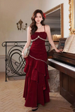 Velvet Ruffles Floor Length Burgundy Prom Dress, Party Dress HZ0509