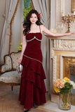 Velvet Ruffles Floor Length Burgundy Prom Dress, Party Dress HZ0509