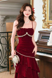 Velvet Ruffles Floor Length Burgundy Prom Dress, Party Dress HZ0509