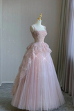 Flowers Tulle with Lace Applique Straps Prom Dress, Low Back Party Dress HZ0509