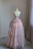 Flowers Tulle with Lace Applique Straps Prom Dress, Low Back Party Dress HZ0509