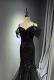 Off Shoulder Sequin Mermaid Evening Dress, Spaghetti Strap Formal Gown HZ0509