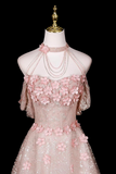 Halter Off Shoulder 3D Floral Glitter Tulle Evening Gown HZ0509