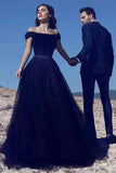 Blue A Line Off Shoulder Tulle Beaded Long Prom Dress HZ0509