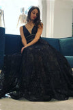 A-Line V-Neck Floor-Length Black Lace Long Prom Dress HZ0509