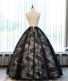 Ball Gown Black Lace Long Prom Dresses With Applique HZ0509