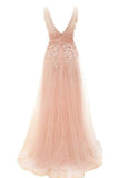 Long Blush Pink Lace Elegant A-line Prom Dresses HZ0509