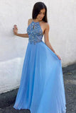 A-Line Keyhole Blue Chiffon Long Prom Dress with Beading HZ0509