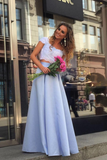 Light Blue Satin Two Piece Lace Top Floor Length Prom Dress HZ0509