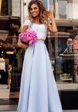 Light Blue Satin Two Piece Lace Top Floor Length Prom Dress HZ0509