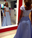 Light Blue Satin Two Piece Lace Top Floor Length Prom Dress HZ0509