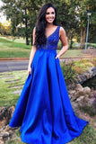 V-Neck Royal Blue Satin Prom Dress with Beading Pockets HZ0509