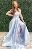 A Line Strapless Light Sky Blue Satin Prom/Formal Dress With Pearls HZ0509