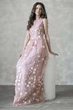 A-line Long Pink Flowers Applique Cheap Prom Dress HZ0509