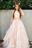 Two Piece A-line Floor-length Long Puffy Prom Dress With Ruffles HZ0509
