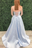 A Line Strapless Light Sky Blue Satin Prom/Formal Dress With Pearls HZ0509