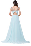 Sky Blue Backless Chiffon Long Beaded Prom Dresses HZ0509