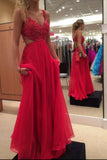 Strap Red Chiffon Evening Dress,Formal Beading Prom Dress HZ0509
