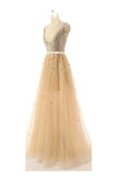V-neck Beaded Modest Long Prom Evening Dresses HZ0509