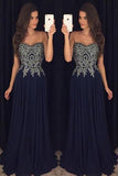 Navy Blue Appliques Chiffon Long Prom Gown HZ0509