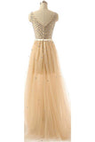 V-neck Beaded Modest Long Prom Evening Dresses HZ0509