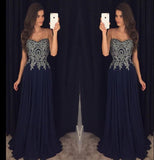 Navy Blue Appliques Chiffon Long Prom Gown HZ0509