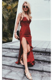 Red Lace Spaghetti Straps Long Prom Dress With Sexy Slit HZ0509