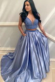 Two Piece V Neck Blue Satin Beaded Prom Dress Evening Dress With Pockets HZ0509