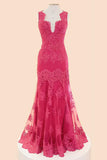 V-neck Fuchsia Mermaid Long Lace Prom Dresses HZ0509