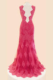 V-neck Fuchsia Mermaid Long Lace Prom Dresses HZ0509