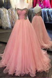Strapless A Line Tulle Pink Prom Dresses With Beading HZ0509