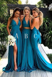 Deep V-Neck Long Blue Backless Bridesmaid Dresses With Split HZ0509
