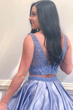 Two Piece V Neck Blue Satin Beaded Prom Dress Evening Dress With Pockets HZ0509
