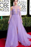 Lilac Tulle Long Sleeves A Line See Through Prom Dress With Slit HZ0509