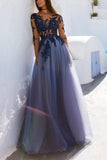Long Sleeve Appliques Sexy See Though Blue Prom Dresses HZ0509