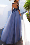 Long Sleeve Appliques Sexy See Though Blue Prom Dresses HZ0509