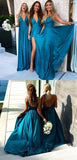 Deep V-Neck Long Blue Backless Bridesmaid Dresses With Split HZ0509