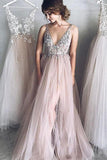 Deep V-Neck Tulle Prom Dress,Long Evening Dress with Beading HZ0509